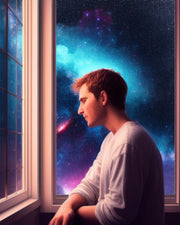 The Nebula Palace - Man sitting near a window to heal his wounds in front of a nebula sky - Rediscovering Spirituality in a Fast-Paced Materialistic World: A Path to Reconnection and Fulfillment