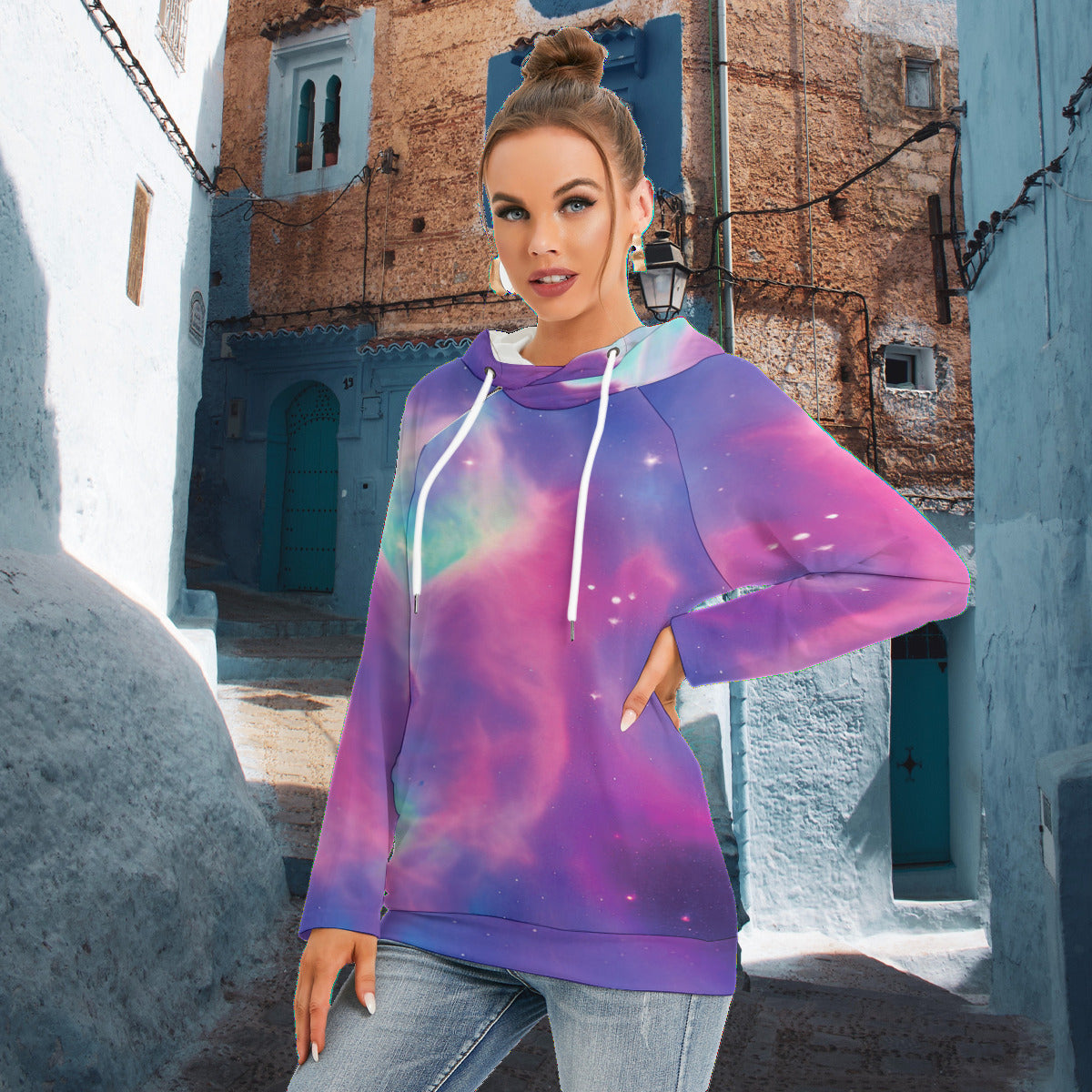 Vibrant Iridescent Nebula Galaxy All-Over Print Women's Hoodie with Zipper Pocket The Nebula Palace: Spiritually Cosmic Fashion