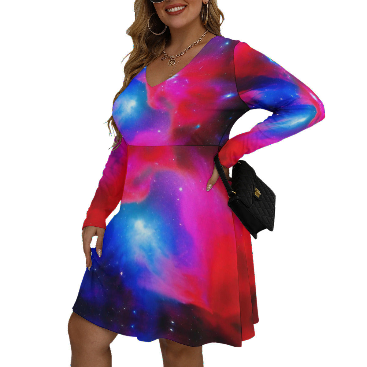 Good Vibes Red Blue Nebula Women's V-neck Long Sleeve Fashion Dress (Plus Size) The Nebula Palace: Spiritually Cosmic Fashion