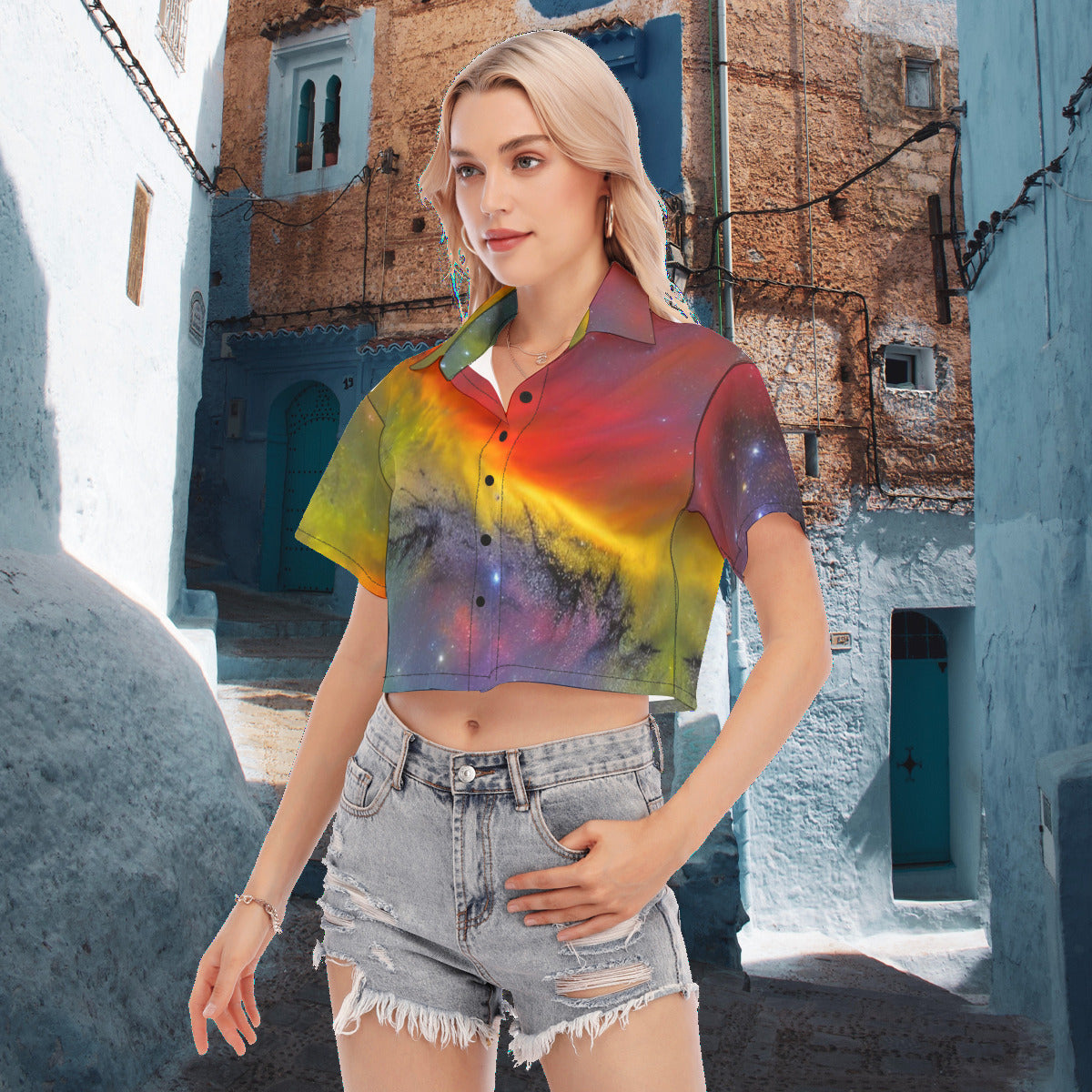 Spiritual Resonation Universal Wonders Women's Cropped Fashion Shirt The Nebula Palace: Spiritually Cosmic Fashion
