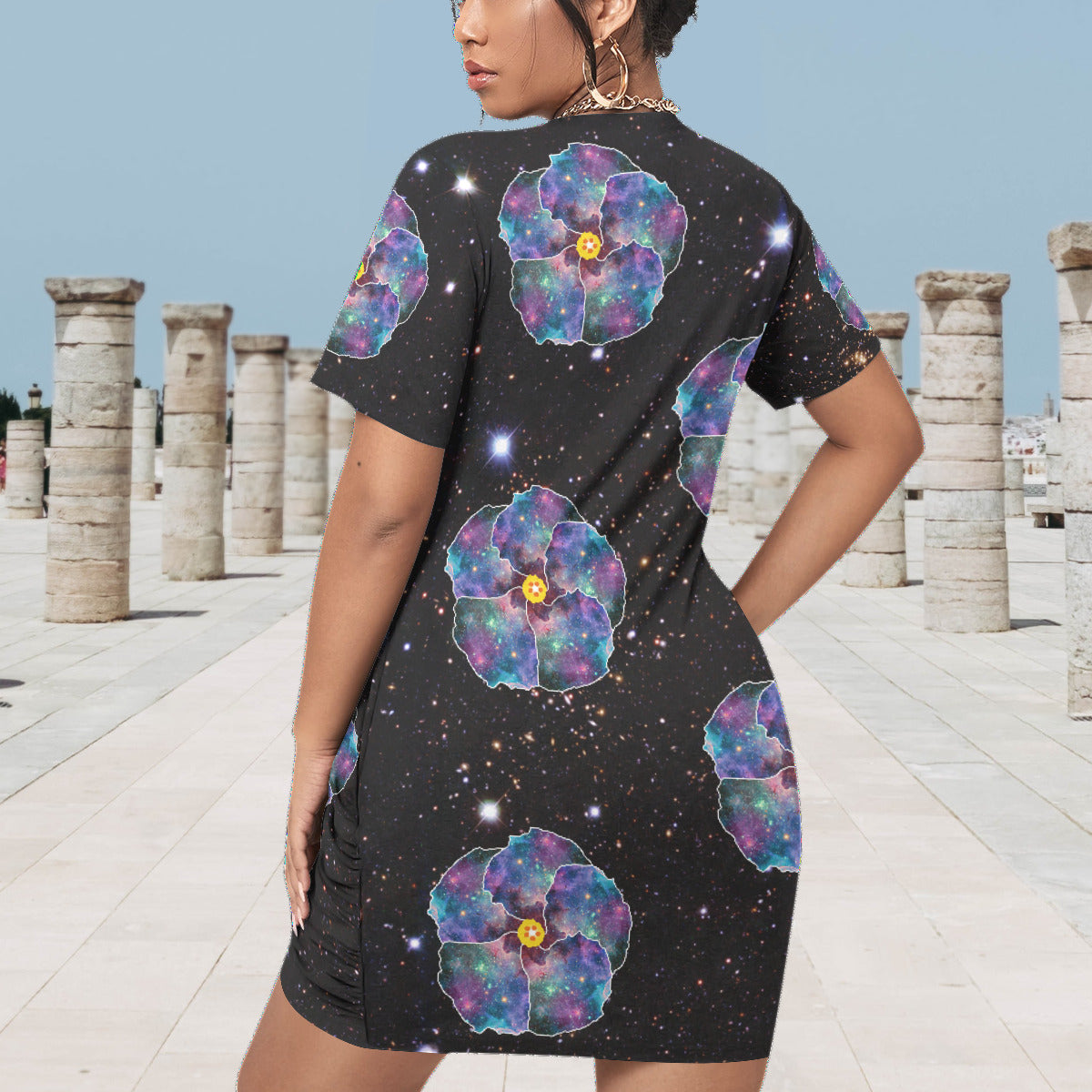 Hibiscus Nebula Women’s Stacked Hem Fashion Dress With Short Sleeve(Plus Size) The Nebula Palace: Spiritually Cosmic Fashion