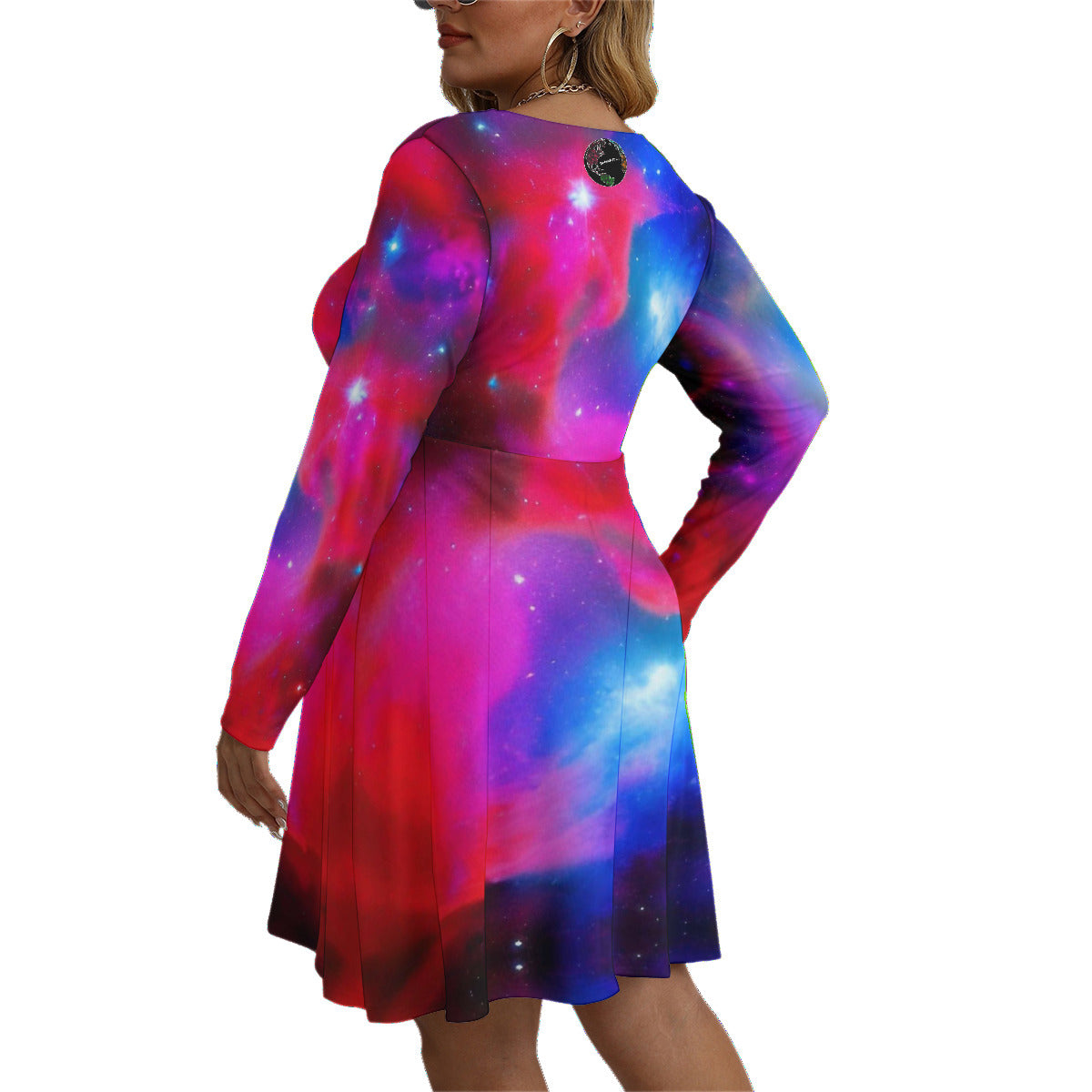 Good Vibes Red Blue Nebula Women's V-neck Long Sleeve Fashion Dress (Plus Size) The Nebula Palace: Spiritually Cosmic Fashion
