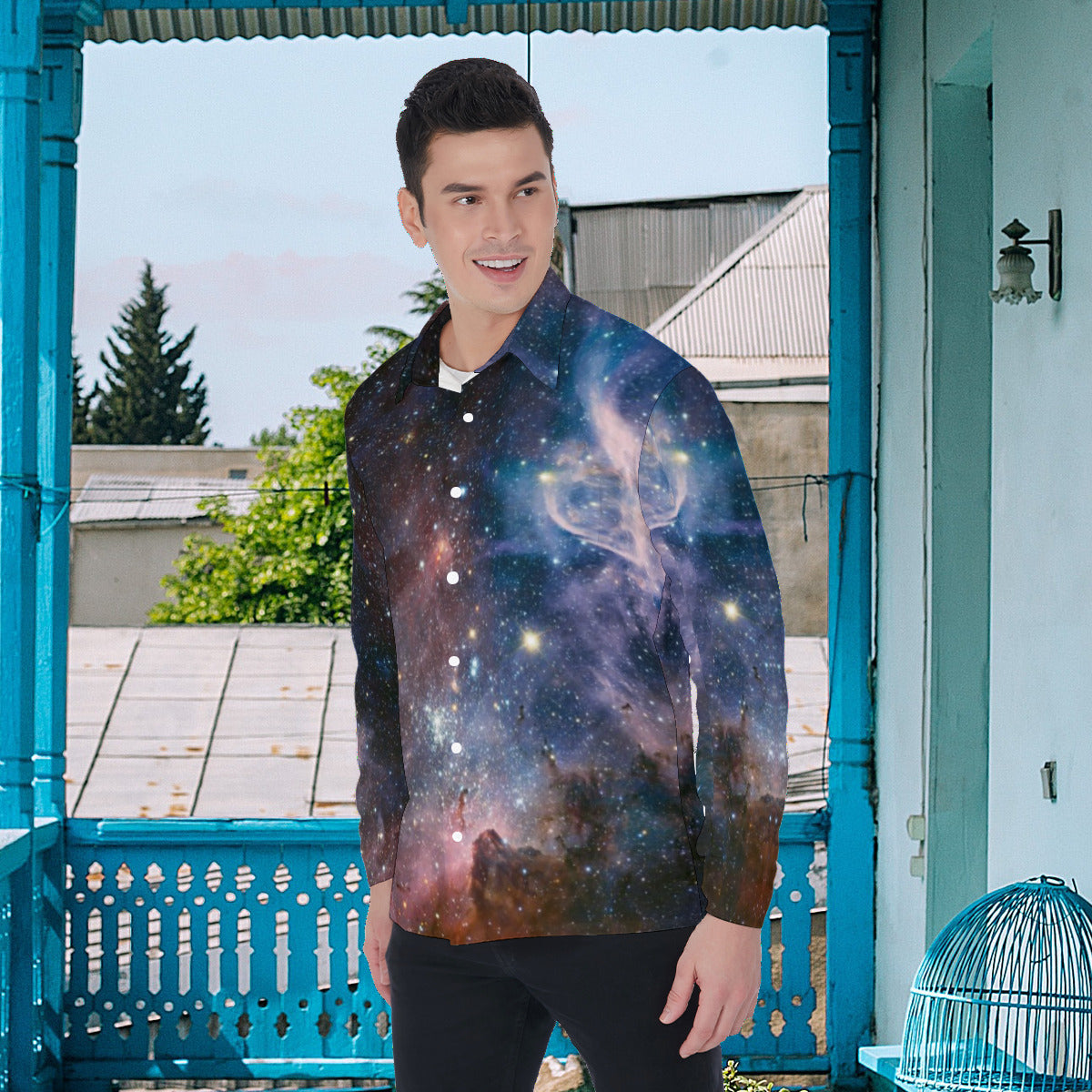 Deep Vibes Nebula Men's Fashion Long Sleeve Shirt The Nebula Palace: Spiritually Cosmic Fashion