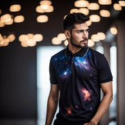 A man wearing a dark nebula polo t-shirt to express his spiritual fashion side.