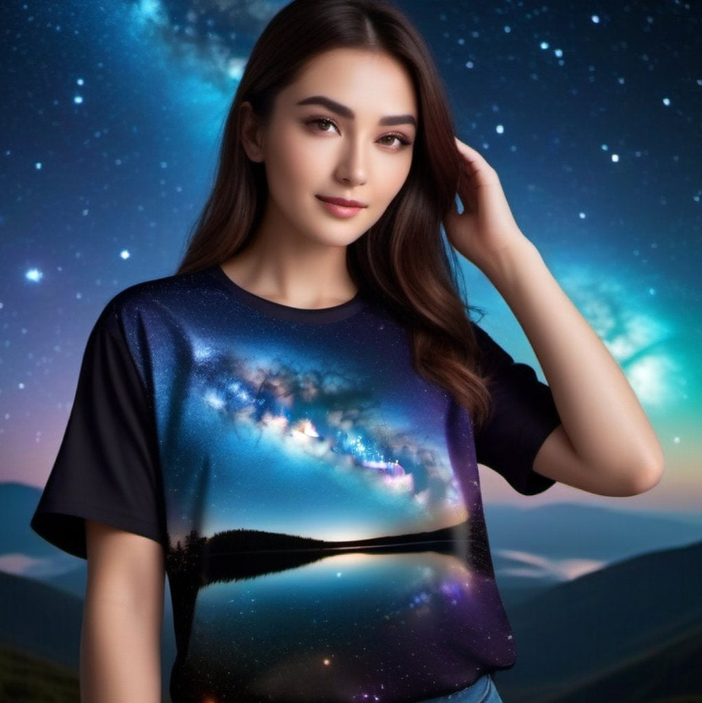 A woman wearing a starry sky shirt that resembles her spiritual maturity. The deep blue colors express her spiritual maturity as a symbol of humility and understanding.