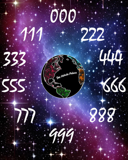 The Nebula Palace - Angel Numbers 000, 111, 222, 333, 444, 555, 666, 777, 888, 999 all displayed in front of a nebula background.