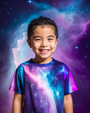 The Nebula Palace - Reconnecting with Wonder: Nebula Energy Healing and Spirituality Unveiling the Inner Child - A child wearing a nebula shirt in front of nebulas.