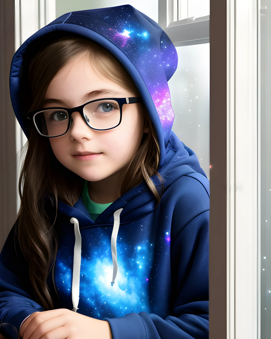 The Nebula Palace - Young girl with glasses wearing nebula themed hoodie while looking outside of a window. Spirituality, cosmic energy, nebulas.