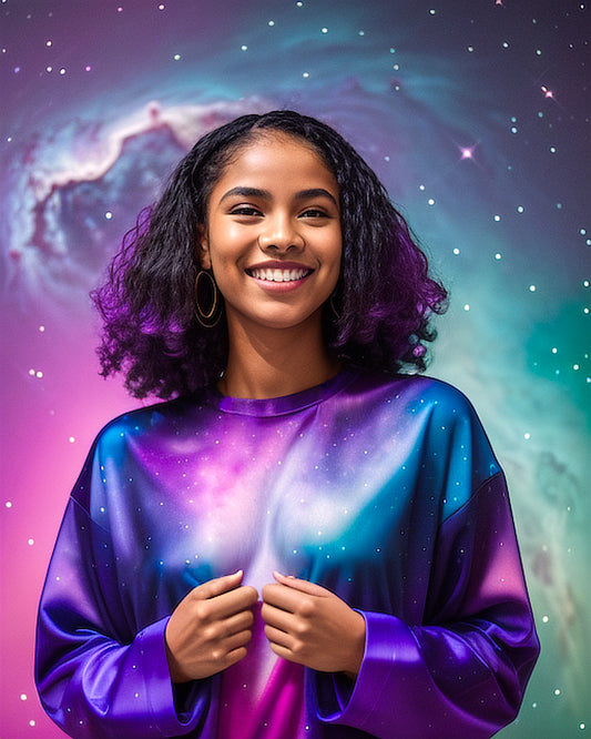A woman who is smiling as she taps into her cosmic connection and expresses her energy through her nebula themed outfit.