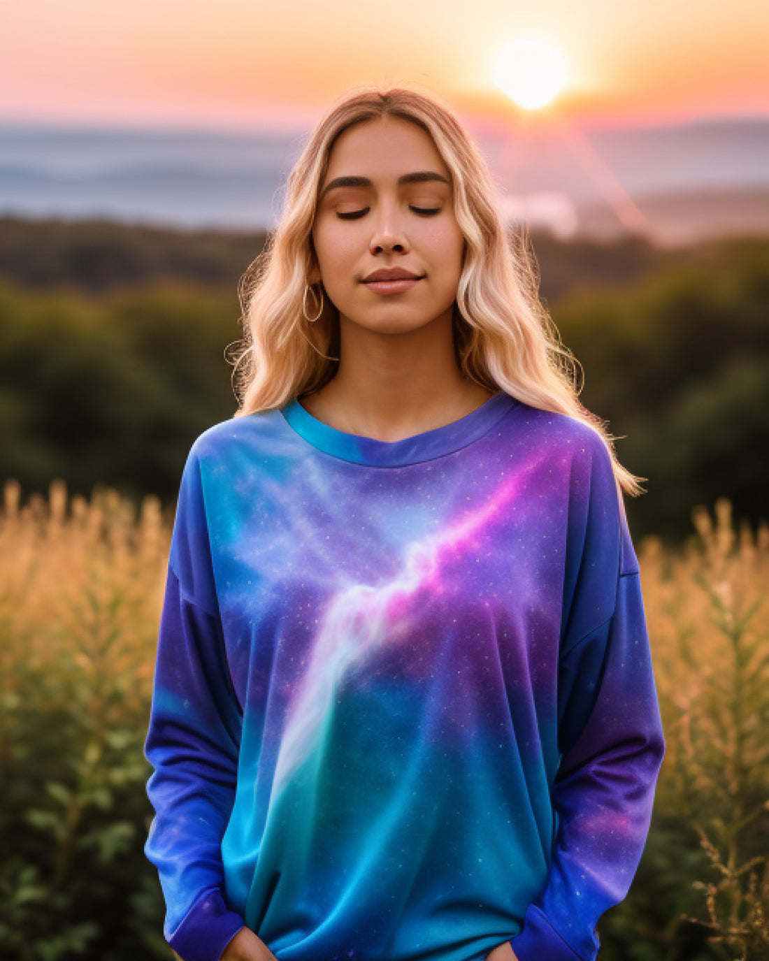 The Nebula Palace - Illuminating the Path Within: How Spirituality Guides the Journey of Self-Understanding - Smiling girl wearing a vibrant nebula-themed shirt, eyes closed, basking in the beauty of a sunset-lit field.