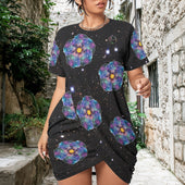 Get in Style with the Hibiscus Nebula Stacked Hem Dress for Plus Sized Women! Enchant your spiritual self with fashion from the cosmos.