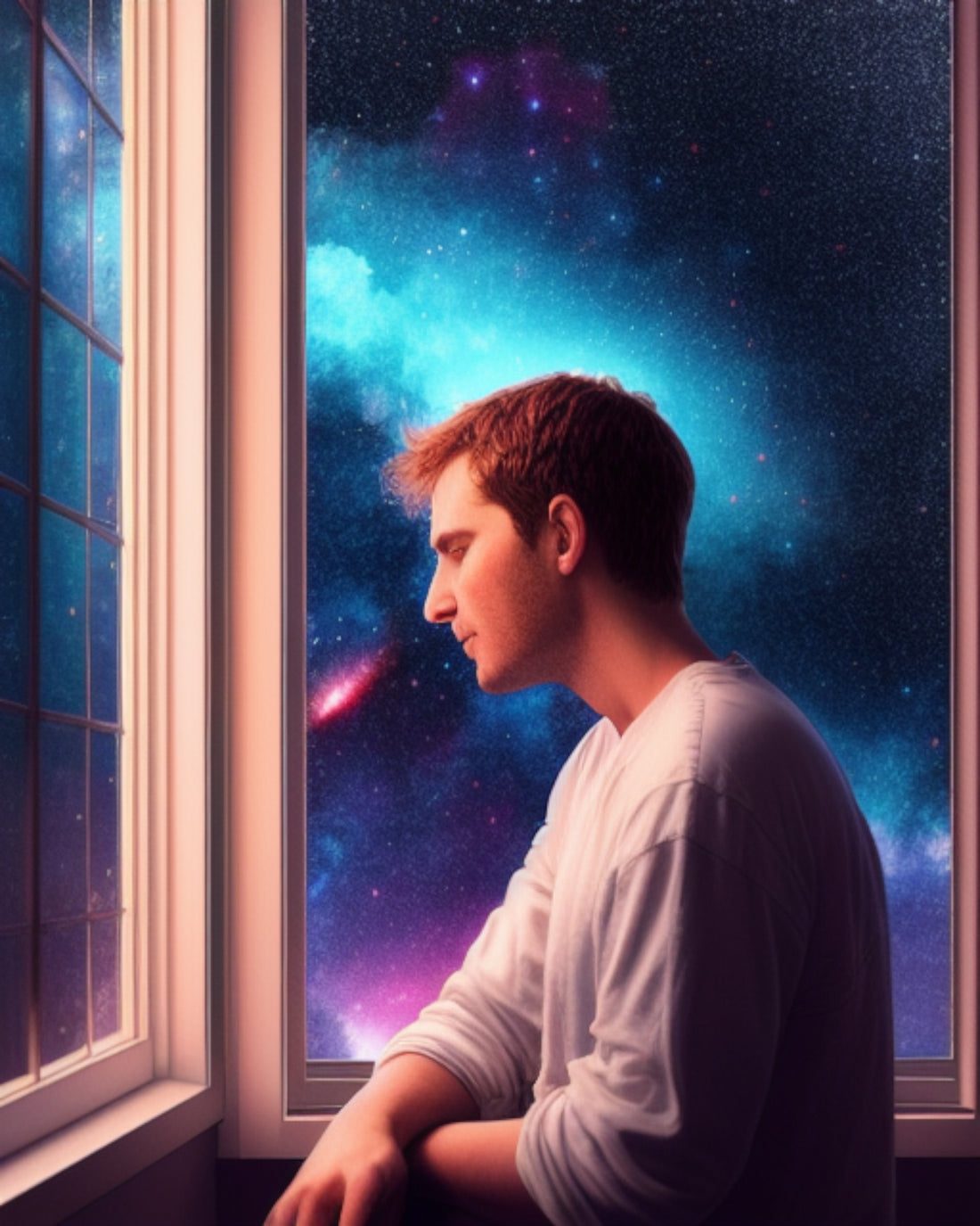 The Nebula Palace - Man sitting near a window to heal his wounds in front of a nebula sky - Rediscovering Spirituality in a Fast-Paced Materialistic World: A Path to Reconnection and Fulfillment