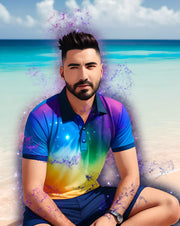A man wearing a vibrant nebula polo t-shirt while immersed in his spiritual energy.