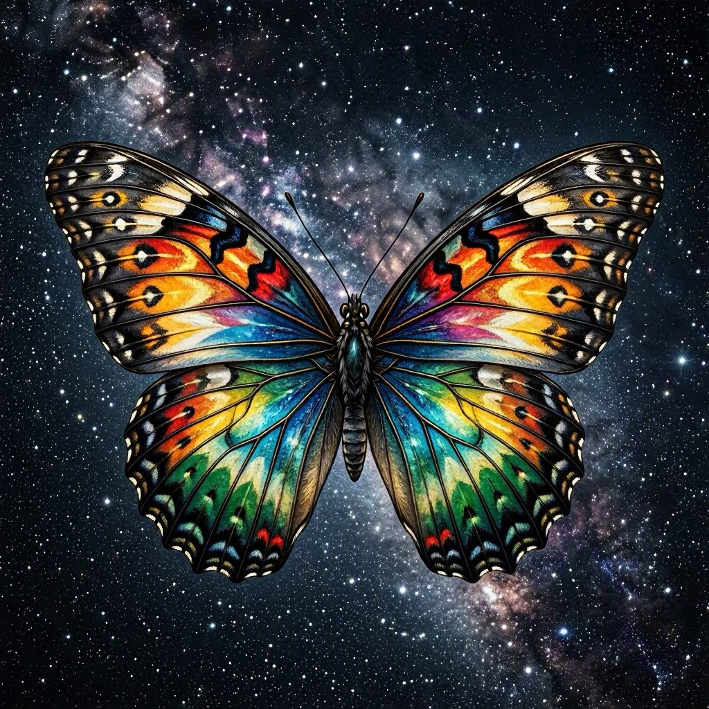 An image of a nebula themed Great Spangled Fritillary that is colored with the disability pride flag colors