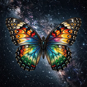 An image of a nebula themed Great Spangled Fritillary that is colored with the disability pride flag colors