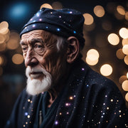 An old man wearing a galaxy outfit and expressing better health and happiness from practicing mindfulness.