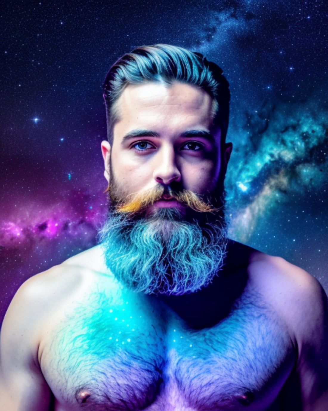 The Nebula Palace - A shirtless bearded man with colorful hair facing the viewer with starry skies in the background to symbolize spirituality and nebula healing energy.
