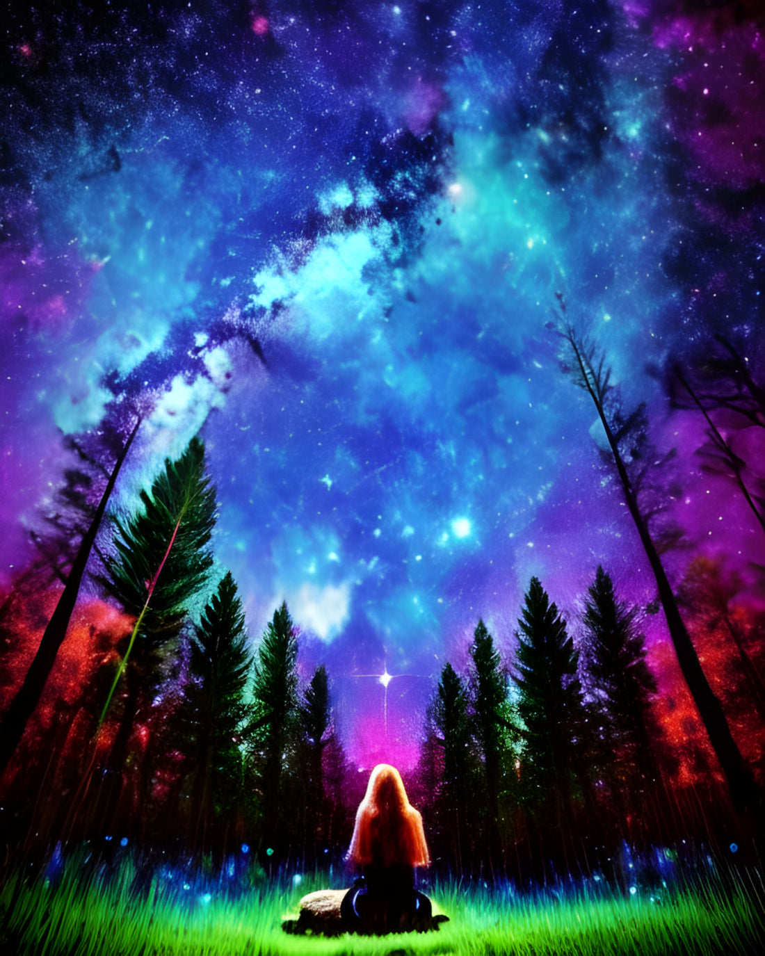 The Nebula Palace: A person sitting in a vibrant forest, surrounded by magical nebula skies. The cosmic beauty of nature offers a healing and mesmerizing experience.