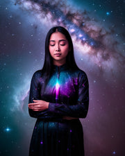 The Nebula Palace - Finding Meaning in Suffering: Exploring the Spiritual Perspective - Woman in nebula outfit with eyes closed and arms folded standing in front of a nebula starry sky.