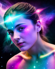 A woman who is embracing her cosmic connection with the divine through nebula energy healing.