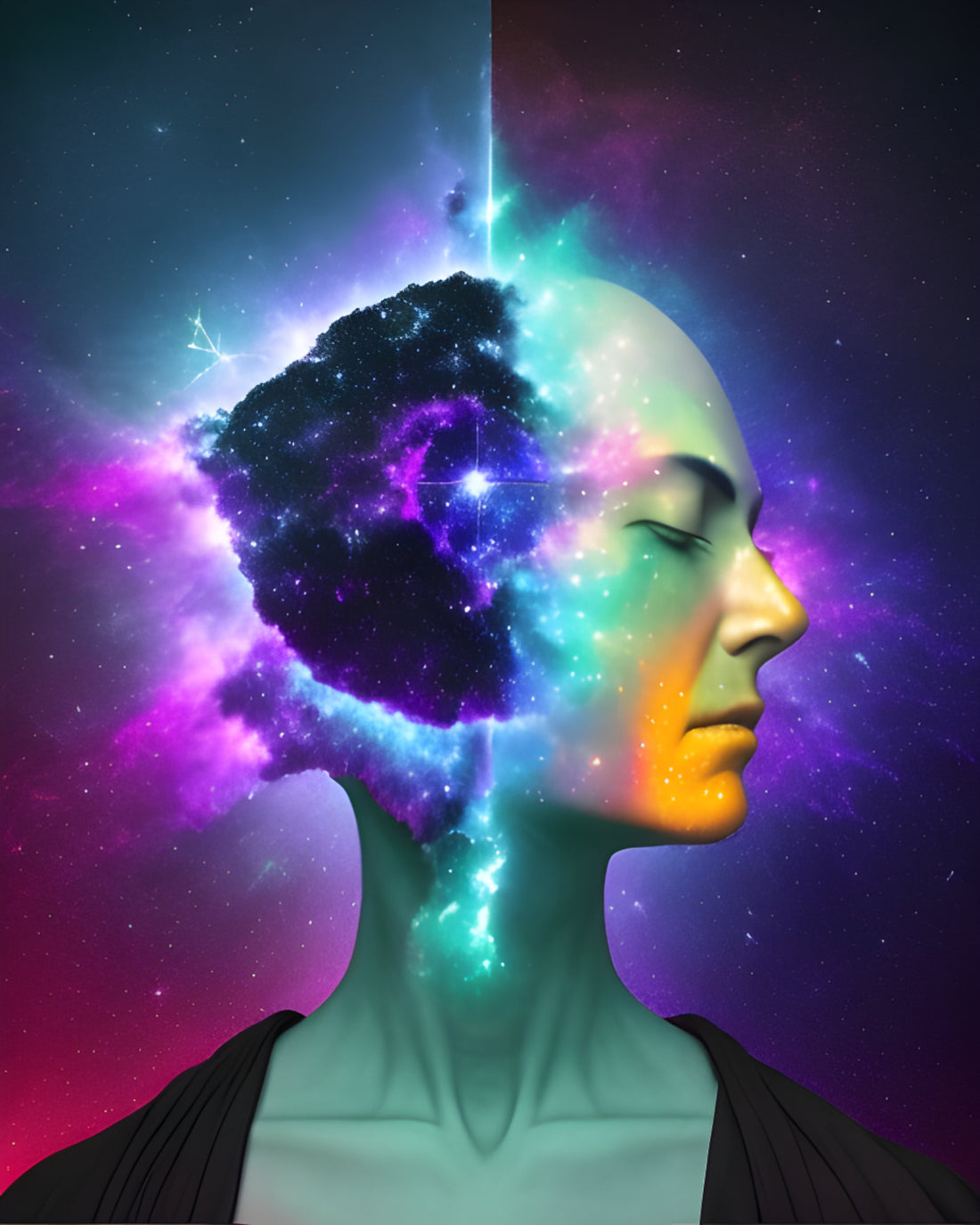 The Nebula Palace - Navigating the Path: Unraveling the Difference Between Spirituality and Toxic Spirituality - A person with a cosmic nebula in their head, side profile, nebula background split in half.