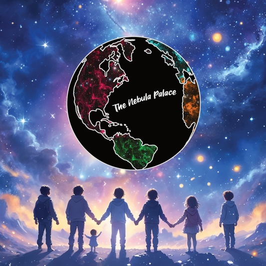 The Nebula Palace logo being placed above many people all surrounded by a cosmically themed background with vivid blues, pinks and yellows.