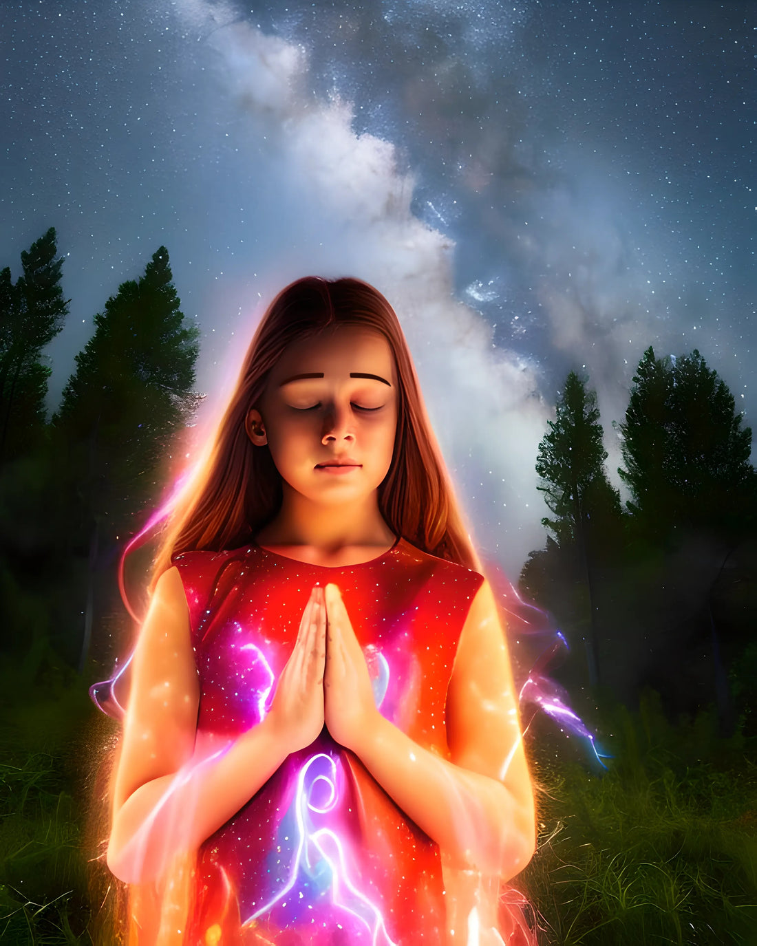 A young girl praying in the forest to practice her spiritual gifts.