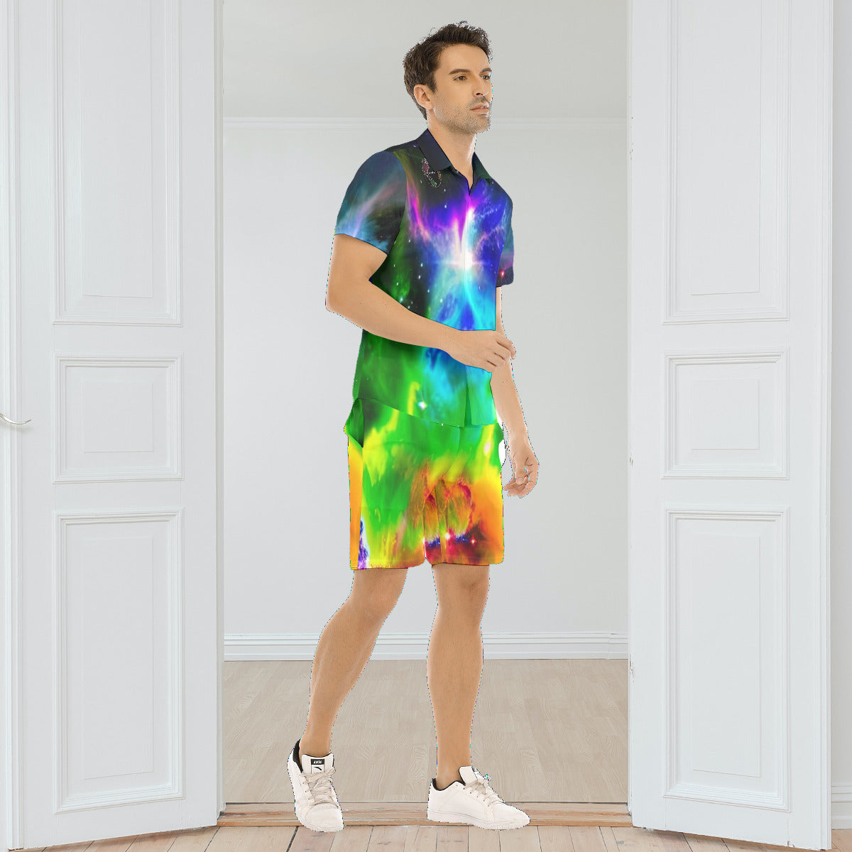 Spiritual Resonation Transcending Evolution Men's Fashion Short Sleeve Shirt with Shorts Set The Nebula Palace: Spiritually Cosmic Fashion