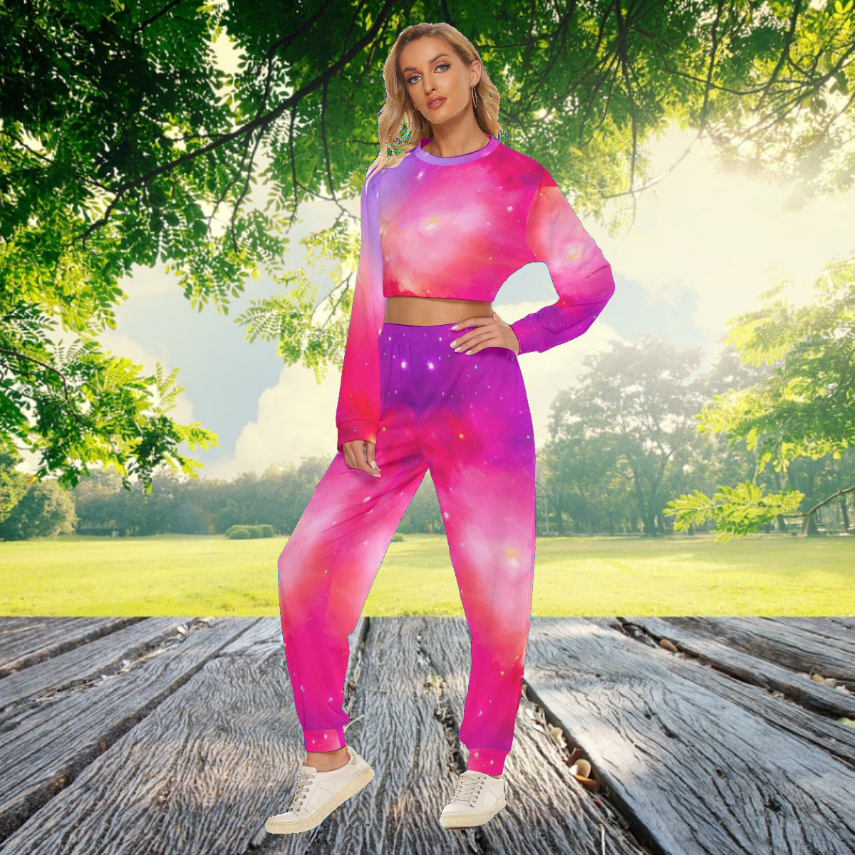 Red Nebula Women's Fashion Crop Sweatshirt Suit - The Nebula Palace