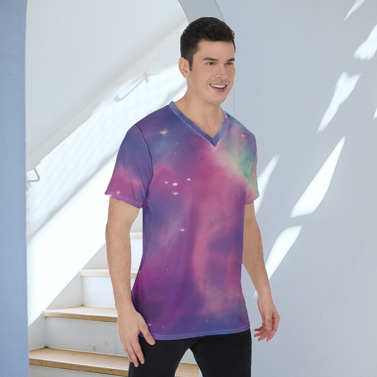 Vibrant Iridescent Cosmic Nebula Fashion Men's V-Neck T-Shirt Tee The Nebula Palace: Spiritually Cosmic Fashion