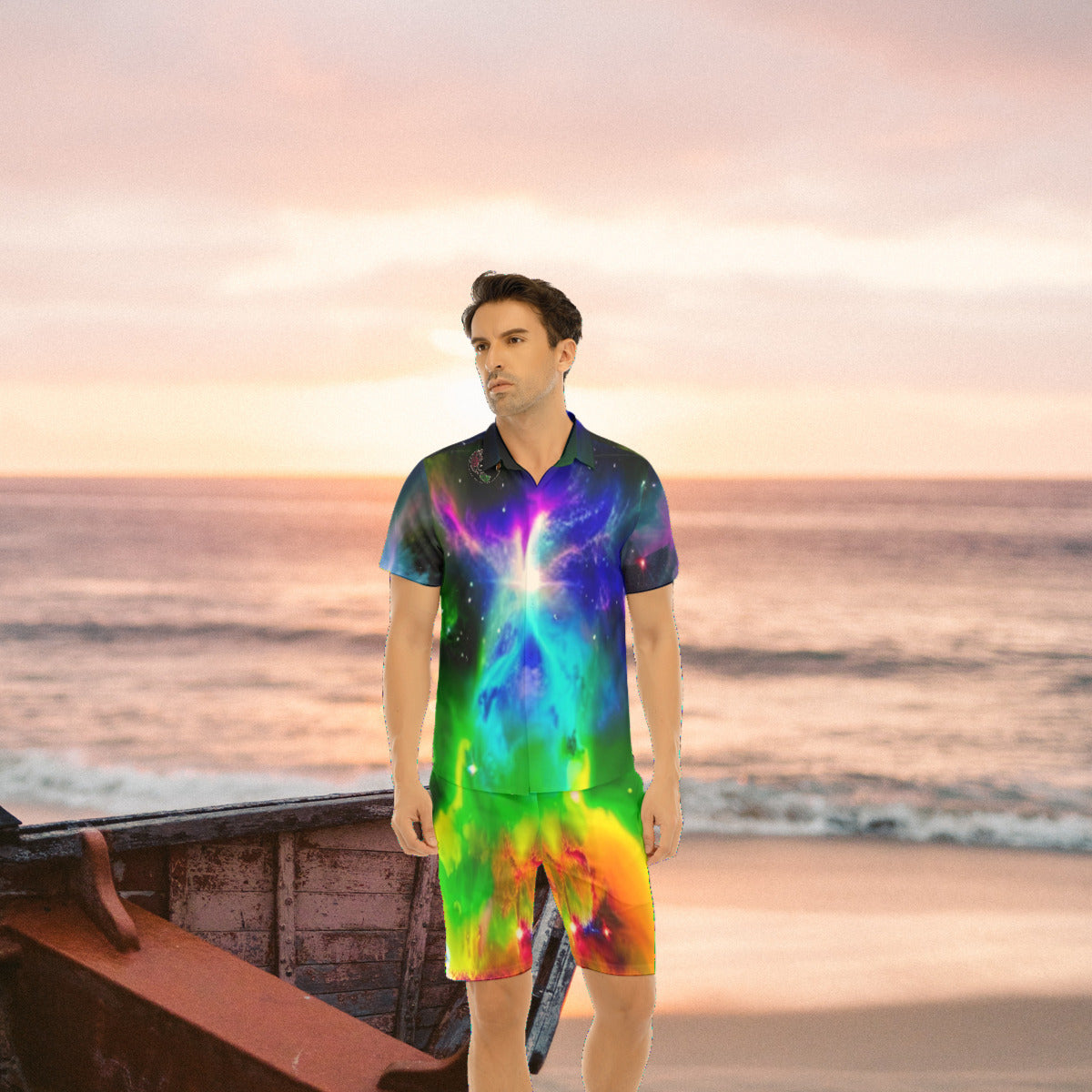 Spiritual Resonation Transcending Evolution Men's Fashion Short Sleeve Shirt with Shorts Set The Nebula Palace: Spiritually Cosmic Fashion