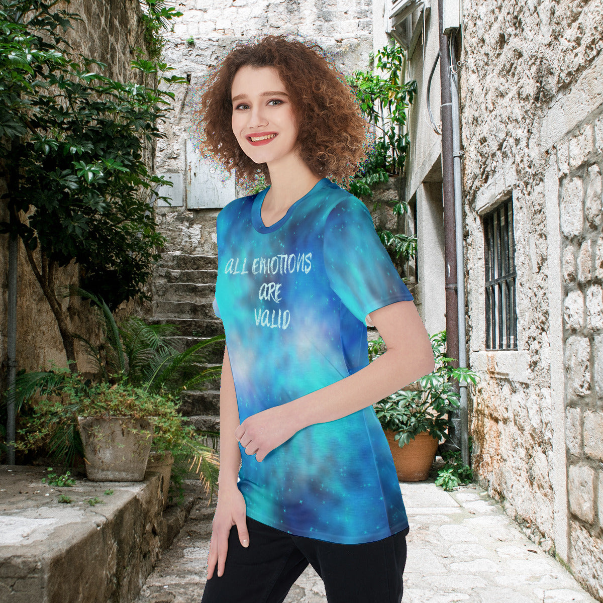 All Emotions Are Valid Blue Galaxy Nebula Women's O-Neck Fashion Tee T-Shirt The Nebula Palace: Spiritually Cosmic Fashion