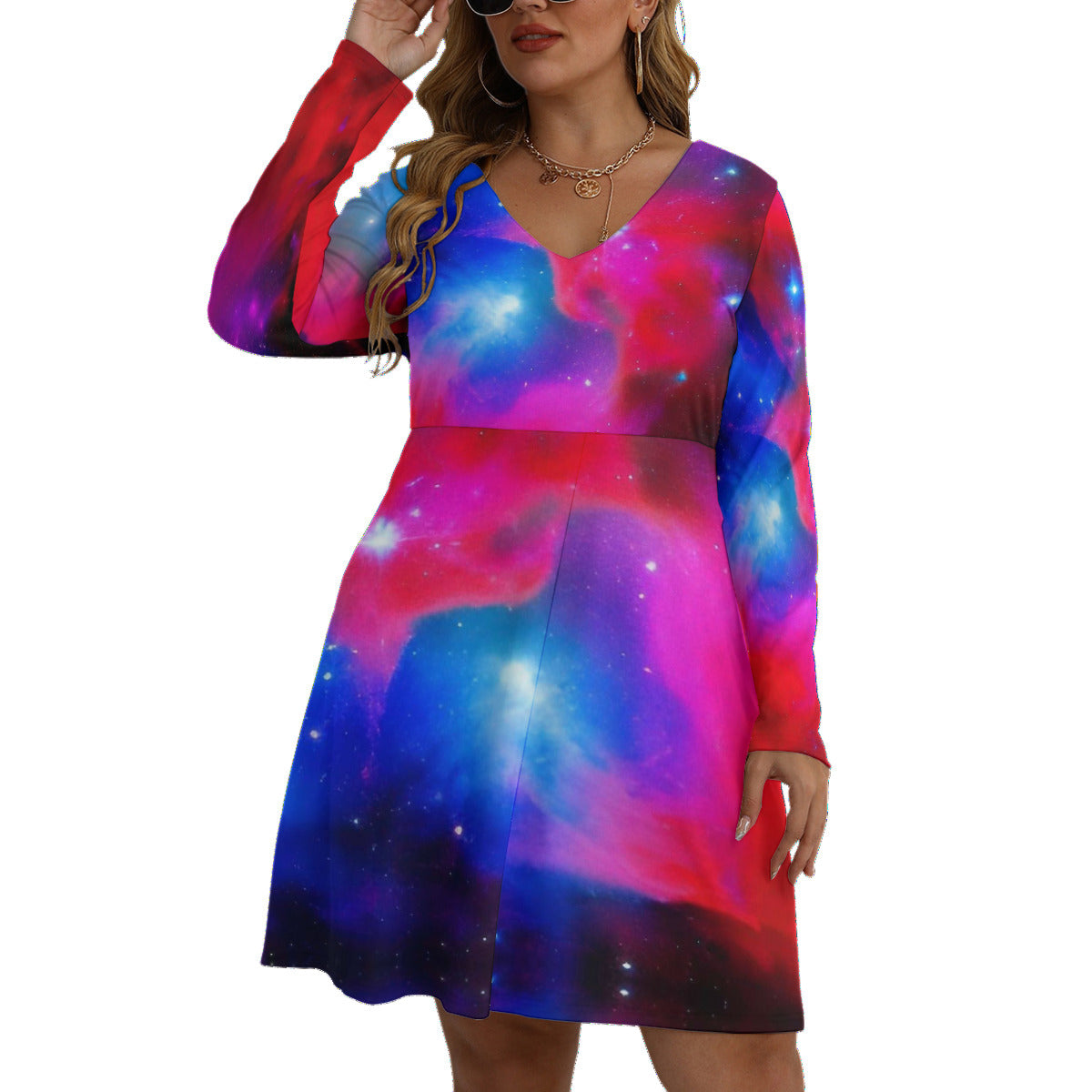 Good Vibes Red Blue Nebula Women's V-neck Long Sleeve Fashion Dress (Plus Size) The Nebula Palace: Spiritually Cosmic Fashion