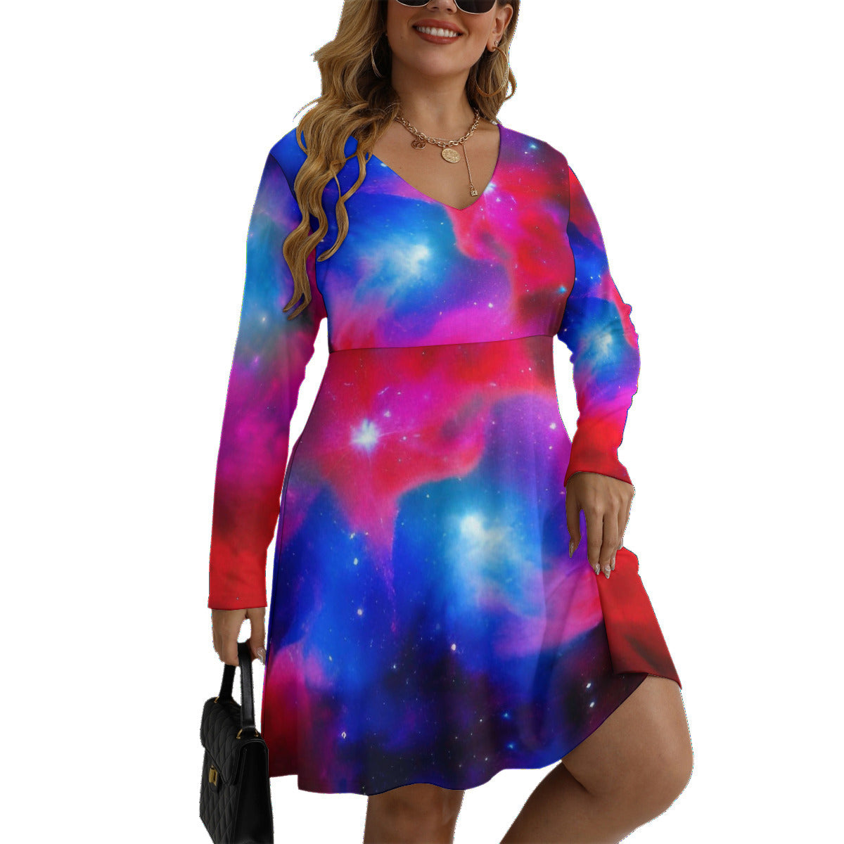 Good Vibes Red Blue Nebula Women's V-neck Long Sleeve Fashion Dress (Plus Size) The Nebula Palace: Spiritually Cosmic Fashion