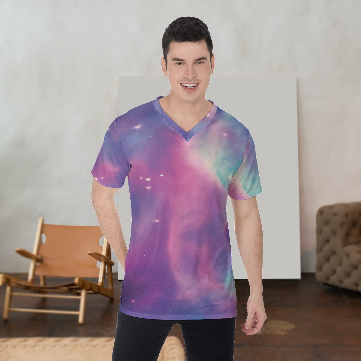 Vibrant Iridescent Cosmic Nebula Fashion Men's V-Neck T-Shirt Tee - The Nebula Palace