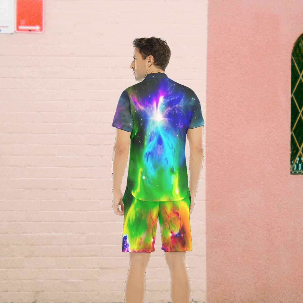 Spiritual Resonation Transcending Evolution Men's Fashion Short Sleeve Shirt with Shorts Set The Nebula Palace: Spiritually Cosmic Fashion